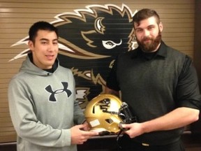Bisons Alex Vitt (left) and Alex McKay, drafted by the Bombers and Roughriders.