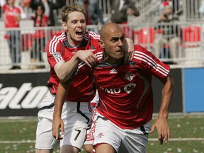 Danny Dichio celebrates after scoring the first goal in TFC history on May 12, 2007. (Craig Robertson/Toronto Sun)