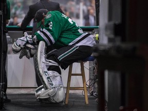 Dallas Stars goalie Kari Lehtonen reacts on the bench during the third period against the St. Louis Blues in Game 7 of the second round of the NHL playoffs at American Airlines Center in Dallas on May 11, 2016. (Jerome Miron/USA TODAY Sports)