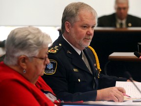 Intelligencer file photo
Chief John O'Donnell speaks to the Hastings-Quinte Emergency Services Committee in Belleville. At left is chairwoman Bernice Jenkins, mayor of Bancroft.