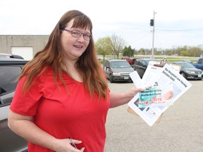 Ingersoll resident Cathy Mott is part of the Oxford Health Coalition, a local arm of the Ontario Health Coalition. The group is asking municipal councils for support as the Ontario Health Coalition's community referendum wraps up at the end of May. The provincial group will then present the results of this referendum - asking whether the Ontario government should stop cuts to community hospitals and health care services - to the Premier. (MEGAN STACEY, Sentinel-Review)