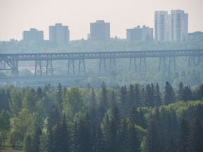 EDMONTON, AB. MAY 12, 2016 -Smoke from wild fires burning to the north and west of Edmonton lingers in the North Saskatchewan river valley. Shaughn Butts / POSTMEDIA NEWS NETWORK