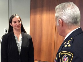 Chatham-Kent police Chief Gary Conn, right, announced Andria Dyer is leaving the Anishinabek Police Service to join the Chatham-Kent Police Service during the monthly meeting of the police services board in Chatham on Tuesday, May 10, 2016. (Vicki Gough/Chatham Daily News/Postmedia Network)