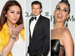(L-R) Selena Gomez, Orlando Bloom and Katy Perry. (WENN.COM file photos)