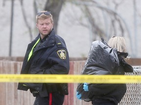 An animal control officer carries a garbage bag containing a dog that was, according to a witness, shot to death by police, in Winnipeg, last night.  Police arrived at 672 Wellington Ave., found a man shot in the chest, then they shot and killed his dog.   Friday, May 13, 2016.   Sun/Postmedia Network