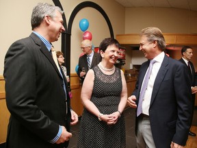 Debbi Nicholson, Greater Sudbury Chamber of Commerce president & CEO, chats with David Ballantyne, vice-president of product development, and Michael Gribbons vice-president of sales and marketing for Maestro Mine Ventilation, at the Bell Business Excellence Awards Gala at the Caruso Club in Sudbury, Ont. on Thursday May 12, 2016. Maestro Mine Ventilation won the Innovation Award. Gino Donato/Sudbury Star/Postmedia Network