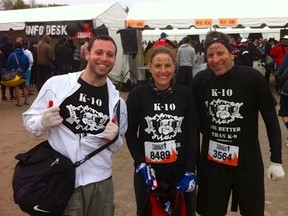 Veteran Toronto firefighter Sara Rosen was killed in a mountain biking mishap in Milton on Thursday. Rosen is seen here at a Tough Mudder competition with her husband Jackie (right) and his nephew Benji (left). PHOTO SUPPLIED