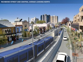 A rendering, looking north, of a light rail train going through a proposed tunnel at Richmond Street and Central Avenue.