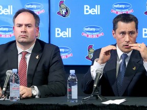 Guy Boucher, new head coach of the Ottawa Senators, introduced to the media by GM Pierre Dorion at the Canadian Tire Centre in Ottawa on May 9, 2016. (JULIE OLIVER/POSTMEDIA)