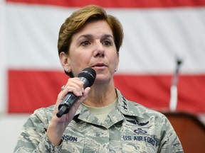 U.S. Air Force General Lori Robinson, Pacific Air Forces commander, addresses airmen at Andersen Air Force Base, Guam July 10, 2015. REUTERS/U.S. Air Force/Senior Airman Katrina M. Brisbin/Handout via Reuters