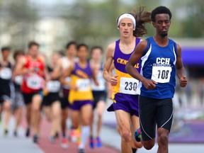 Muhumed Sirage of CCH won his third race of the TVRA track and field championships in the senior boys' 3000m at TD stadium in London, Ont. on Friday May 13, 2016. Sirage also won the 1500m and the 2000m steeplechase. (MIKE HENSEN, The London Free Press)
