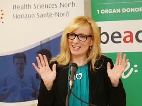 Nancy Griffin, a community advocate for organ and tissue donation, makes a point at an awards presentation at Health Sciences North in Sudbury, Ont. on Friday May 13, 2016. John Lappa/Sudbury Star/Postmedia Network