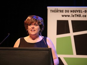 Geneviève Pineault, artistic director at Théâtre du Nouvel-Ontario, addresses the crowd at the season launch in Sudbury. Gino Donato/Sudbury Star/Postmedia Network