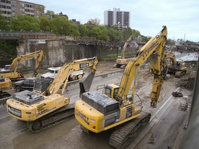 The Gardiner Expressway closed as work continues on the Dowling Avenue bridge on Saturday May 14, 2016. Veronica Henri/Toronto Sun/Postmedia Network