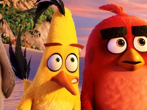 This image released by Sony Pictures shows the characters Chuck, voiced by Josh Gad, left, and Red, voiced by Jason Sudeikis, in a scene from "The Angry Birds Movie." (Sony Pictures via AP)