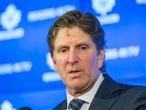Mike Babcock, head coach of the Toronto Maple Leafs, addresses the media during the Leafs locker clean out at the Air Canada Centre in Toronto Sunday April 10, 2016. (Ernest Doroszuk/Toronto Sun/Postmedia Network)