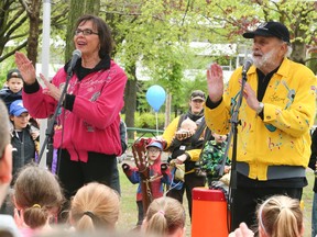 L-R.Sharon and Bram perform for children and their families on Saturday May 14, 2016.Sharon, Lois and Bram were celebrated with the opening of a new music garden at the June Rowlands Park. Veronica Henri/Toronto Sun/Postmedia Network