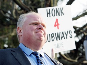 Then-mayor Rob Ford at a pro-Sheppard subway rally at Victoria Park and Sheppard Aves. in March 2012. (Veronica Henri/Toronto Sun/QMI Agency)