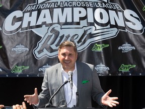 SASKATOON,SK--JULY 21/2015--Edmonton Rush owner  Bruce Urban announces the move of the National Lacrosse League Champions to Saskatoon, Tuesday, July 21, 2015 in a news conference in Saskatoon.