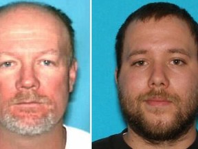 This combination photo provided by Centerville Police shows Flint Wayne Harrison, 51, left, and Dereck James Harrison, 22. Utah police were searching for the two suspects after a woman and her four teenage daughters were lured to a house and tied in a basement before they managed to escape, authorities said Wednesday, May 11, 2016. The older Harrison has surrendered to police. (Centerville Police via AP)