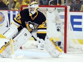 Pittsburgh Penguins goalie Matt Murray plays the puck against the Washington Capitals during the second period in game three of the second round of the 2016 Stanley Cup Playoffs at the CONSOL Energy Center. (Charles LeClaire/USA TODAY Sports)