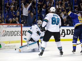 San Jose Sharks goalie Martin Jones reacts after giving up a goal by St. Louis Blues center Jori Lehtera during the second period in Game 1 of the NHL hockey Stanley Cup Western Conference finals. (AP Photo/Jeff Roberson)