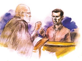 Mark Smich (right)  testifies at his trial at the John Sopinka Courthouse in  Hamilton, Ont., on May 11, 2016. (Pam Davies sketch)