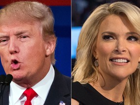 This file photo combination made from Aug. 6, 2015, photos shows Republican presidential candidate Donald Trump, left, and Fox News Channel host and moderator Megyn Kelly during the first Republican presidential debate at the Quicken Loans Arena, in Cleveland.    (AP Photo/John Minchillo, File)