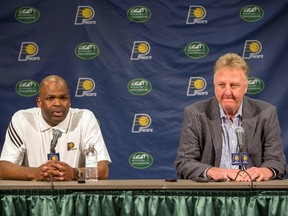 Indiana Pacers president of basketball operations Larry Bird announces Nate McMillan as the new head coach during a press conference at Bankers Life Fieldhouse. (Trevor Ruszkowski/USA TODAY Sports)
