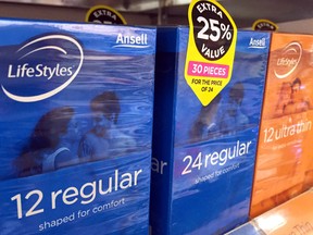 Boxes of Ansell condoms are displayed for sale at a local pharmacy in Sydney, Australia, May 16, 2016. (REUTERS/David Gray)