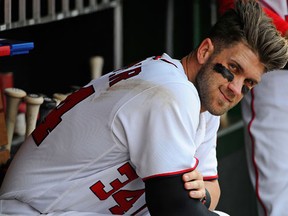 Washington Nationals right fielder Bryce Harper in the dugout against the Miami Marlins during a game at Nationals Park in Washington on May 15, 2016. (Brad Mills/USA TODAY Sports)