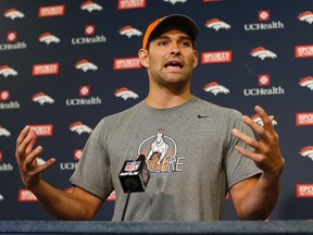 Denver Broncos quarterback Mark Sanchez responds to questions during a news conference in the team's headquarters in Englewood, Colo. on May 2, 2016. (AP Photo/David Zalubowski)