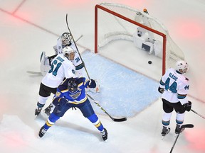 St. Louis Blues centre David Backes celebrates after scoring a goal against the San Jose Sharks during the first period in Game 1 of the Western Conference final of the NHL playoffs at Scottrade Center in St. Louis on May 15, 2016. (Jasen Vinlove/USA TODAY Sports)