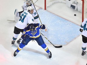 St. Louis Blues centre David Backes celebrates after scoring a goal against the San Jose Sharks during the first period in Game 1 of the Western Conference final of the NHL playoffs at Scottrade Center in St. Louis on May 15, 2016. (Jasen Vinlove/USA TODAY Sports)