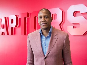 Toronto Raptors general manager Masai Ujiri poses after holding a media availability in Toronto on Wednesday April 13, 2016. (THE CANADIAN PRESS/Frank Gunn)
