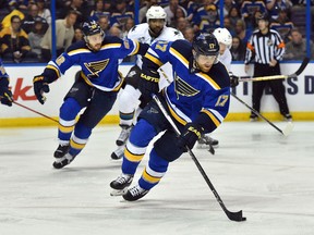 St. Louis Blues forward Jaden Schwartz (17) skates with the puck during the second period of Game 1 of the Western Conference final at Scottrade Center. (Jasen Vinlove/USA TODAY Sports)