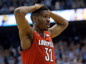 Louisville center Chinanu Onuaku said in a release that NBA doctors noticed the condition called Wolff-Parkinson-White syndrome, that he describes as "minor" and will be sidelined for seven to 10 days. (AP Photo/Gerry Broome, File)