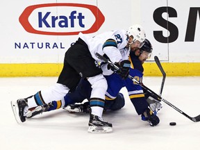 San Jose Sharks winger Joonas Donskoi (27) knocks down St. Louis Blues centre Patrik Berglund (21) during Game 2 of the Western Conference final Tuesday at Scottrade Center. (Aaron Doster/USA TODAY Sports)