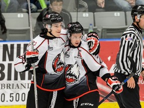 Rouyn-Noranda Huskies star Francis Perron (right), seen here celebrating a goal with teammate Philippe Myers late last year, was named the top player in the QMJHL in the regular season and the playoffs. (AFP)