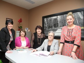 SVRC held a celebration to celebrate the power of experience in Sudbury, Ont. on Tuesday May 17, 2016. The organization helps older workers that are unemployed. From left are Lise Longchamp, a counsellor, Denise Henry a counsellor, Lorraine Lamoureux, an administrative assistant, Louise Charbonneau, a counsellor, and Pauline Montgomery, the manager. Gino Donato/Sudbury Star/Postmedia Network
