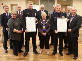 Frontenac paramedics Joe Ferguson, left, and Dale Dale Hodgins were recognized by Frontenac County for receiving the Ontario Award for Paramedic Bravery.
Elliot Ferguson/The Whig-Standard/Postmedia Network