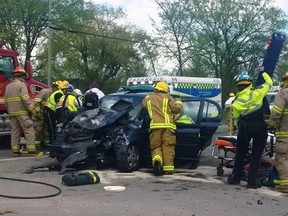 Three women were sent to hospital following a two-vehicle collision at the intersection of Road 38 and Yarker Road south of Harrowsmith, Ont. on Tuesday May 17, 2016. Supplied by Frontenac Paramedic Services