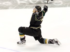 London Knights forward Matthew Tkachuk celebrates his third goal of the night on May 7. (CRAIG GLOVER, The London Free Press)