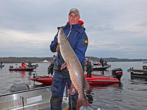 Clint Hurd shows the 45-inch monster pike that helped propel he and tournament fishing partner Mike Desforges to victory at the first Top 50 Pike tournament trail event of the season in Parry Sound on May 7. Supplied photo