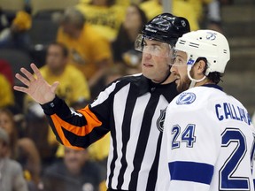 NHL referee Francis Charron talks with Lightning right wing Ryan Callahan against the Penguins during the third period in Game 1 of the NHL's Eastern Conference Final in Pittsburgh on May 13, 2016. (Charles LeClaire/USA TODAY Sports)
