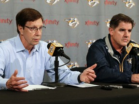 Nashville Predators general manager David Poile, left, and head coach Peter Laviolette answer questions during a news conference Wednesday, May 18, 2016, in Nashville, Tenn. The Predators' season ended after losing to San Jose in the second round of the playoffs. (AP Photo/Mark Humphrey)