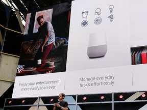 Google vice president Mario Queiroz talks about the uses of the new Google Home device during the keynote address of the Google I/O conference, Wednesday, May 18, 2016, in Mountain View, Calif. (AP Photo/Eric Risberg)