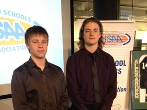 Riley Stevenson of the Morris Mavericks (left) dedicated his scholarship award on Wednesday to a teammate who died of a brain tumour a few days ago. On the right is another award winner, Tyson Dyck of Portage Collegiate. (PAUL FRIESEN/WINNIPEG SUN)