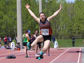 Rebecca Jacob, of Lasalle Secondary School, competes in the junior girls long jump event at the local high school track and field championships at the track at Laurentian University in Sudbury, Ont. on Wednesday May 18, 2016. John Lappa/Sudbury Star/Postmedia Network