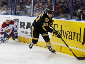Brandon Wheat Kings defenceman Macoy Erkamps skates away from Edmonton’s Colton Kehler during the WHL playoffs. (Ian Kucerak, Postmedia Network)
